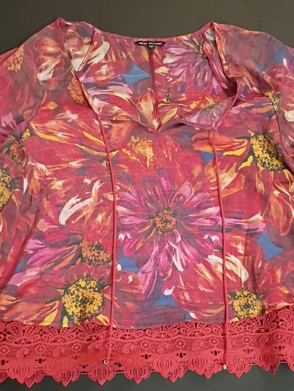 Unique Spectrum Pink Floral Lace-Trim Tunic Tassel Details Sunflowers